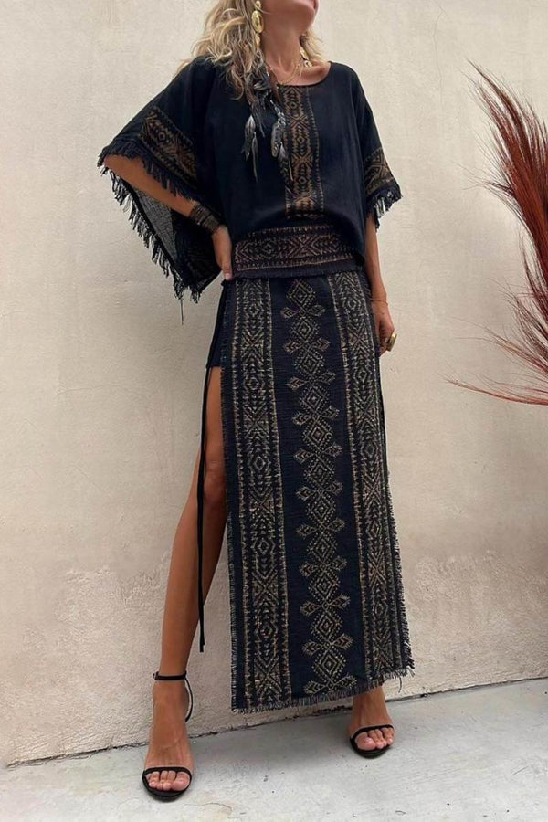 Ethnic Print Patchwork Side Lace-Up Maxi Skirt-Set