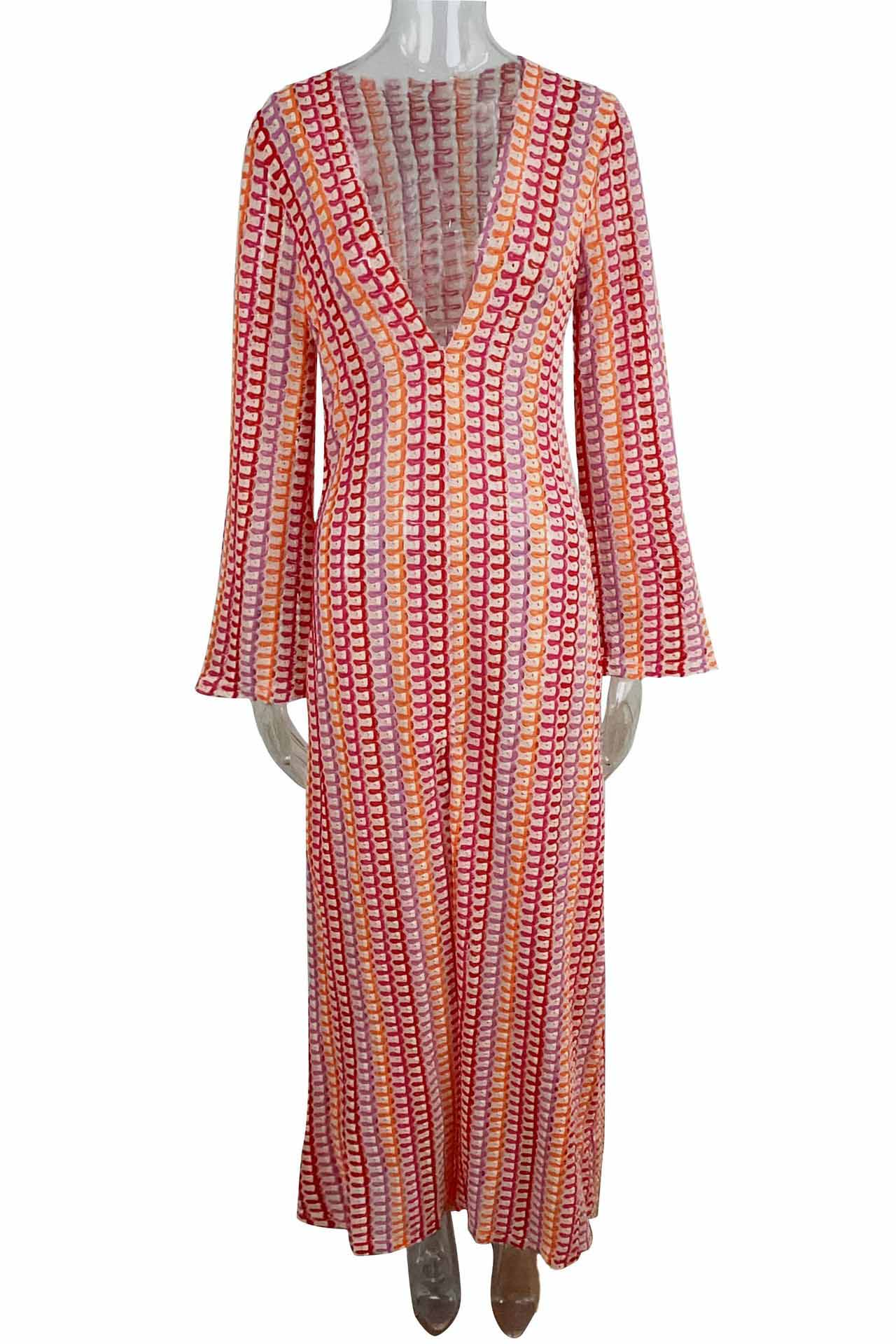 Boho V Neck Bell Sleeve Wavy Striped Crochet Beach Vacation Maxi Dress