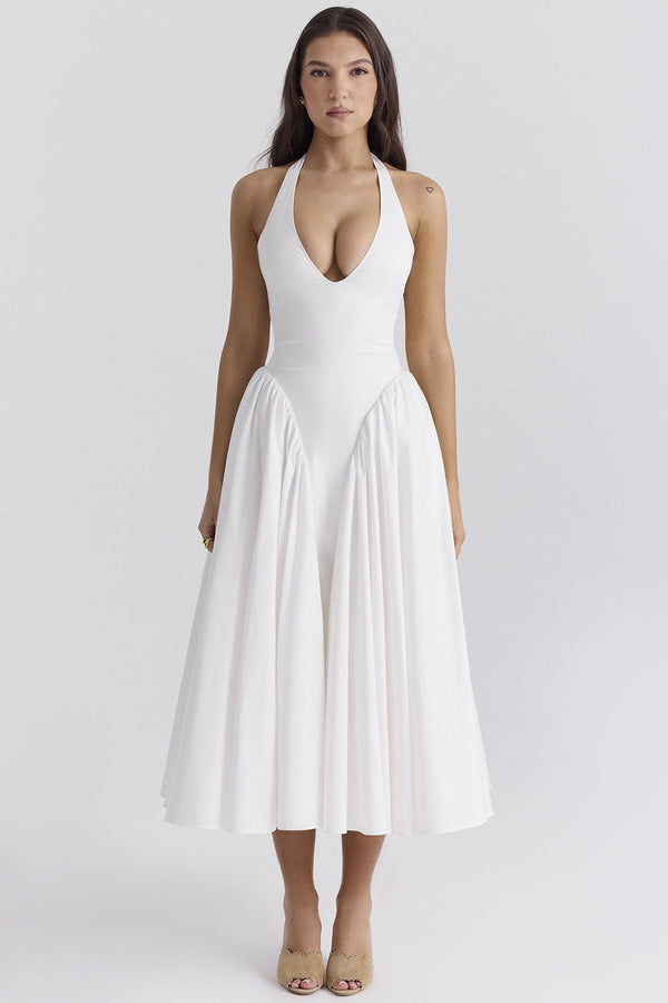 White Cotton Halter Midi Sundress