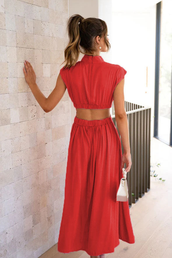 Cutout Waist Pocketed Vacation Midi Dress