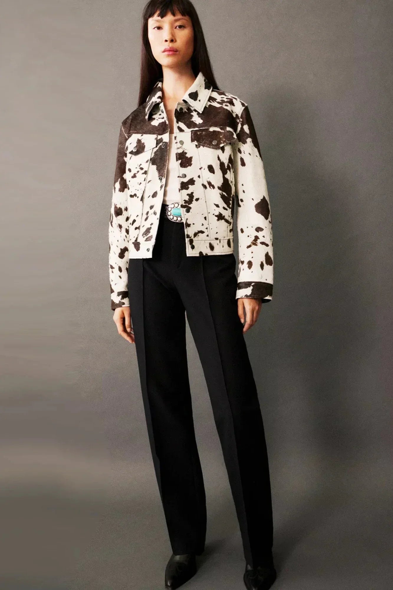 Cow Print Faux Fur Shirt-Style Jacket