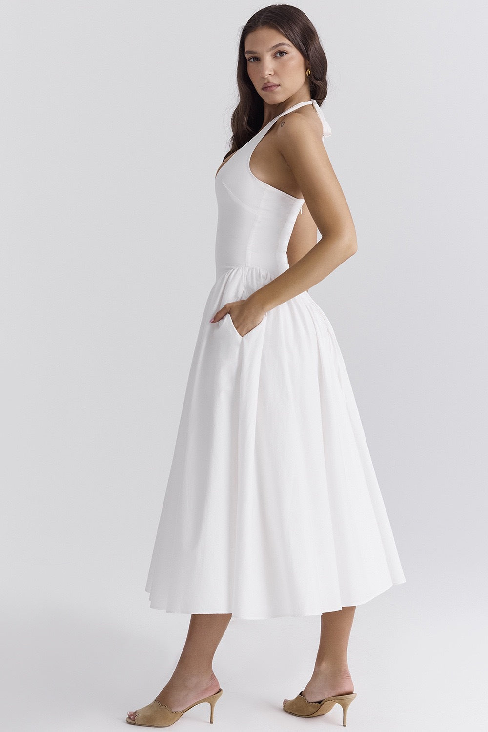 White Cotton Halter Midi Sundress