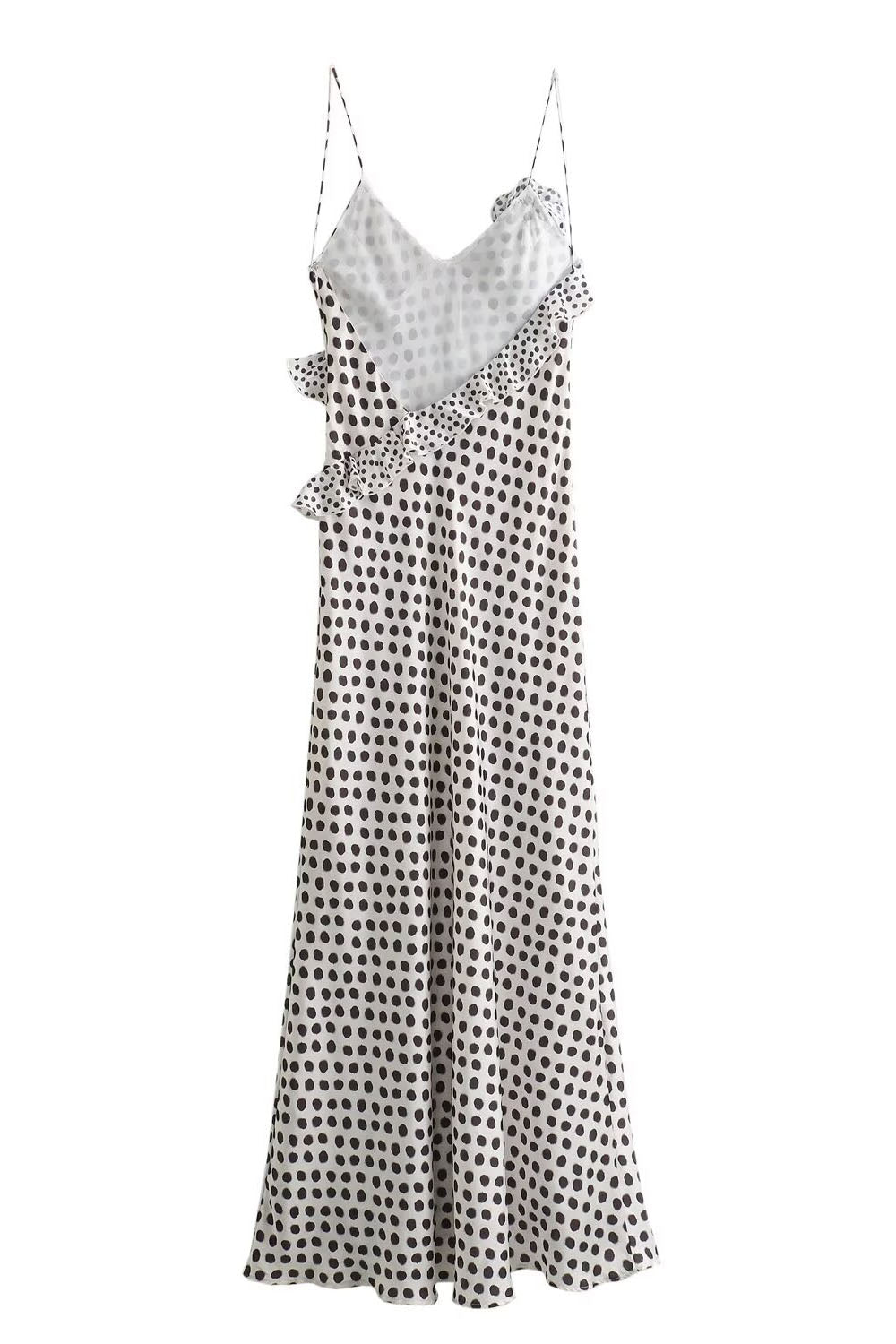 Fantasy Polka Dot Print Guipure Ruffled Suspender Maxi  Dress