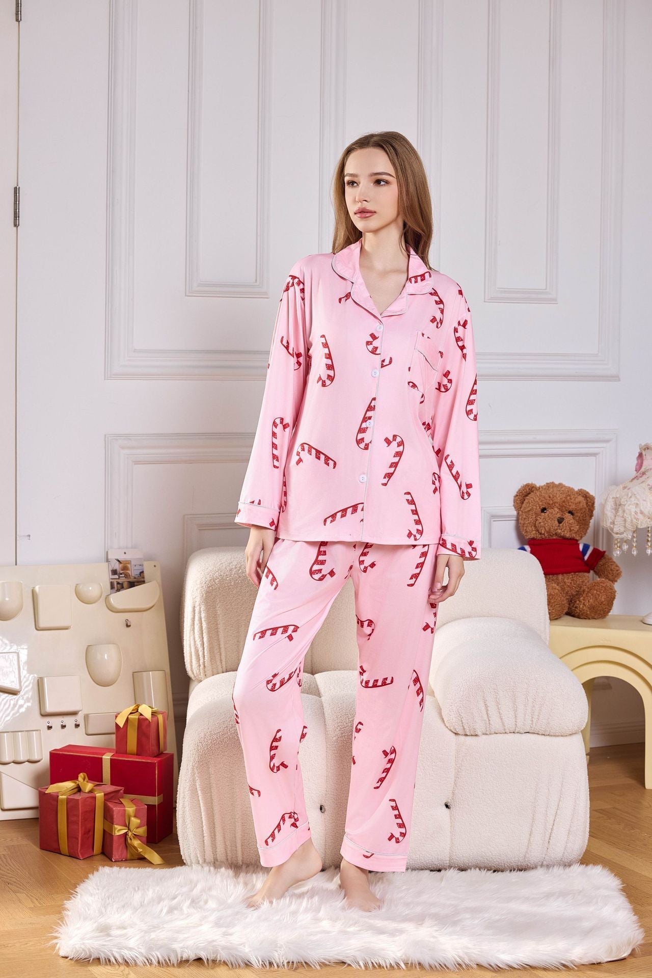 Pink Candy Cane Print Satin Long PJ Set