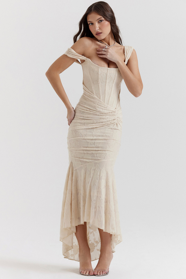 Octavie Ruched Corset Maxi Dress In Beige