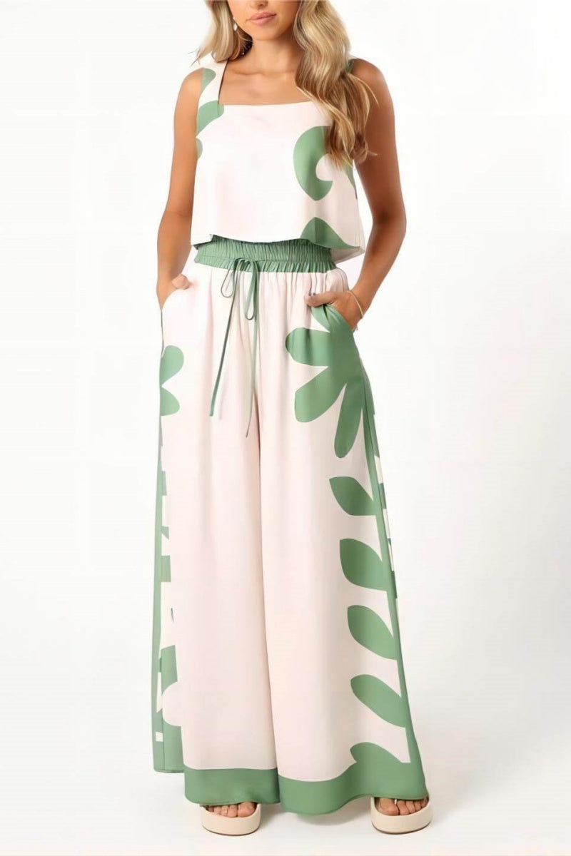 Sleeveless Folk Floral Loose Wide-Leg Pants Set