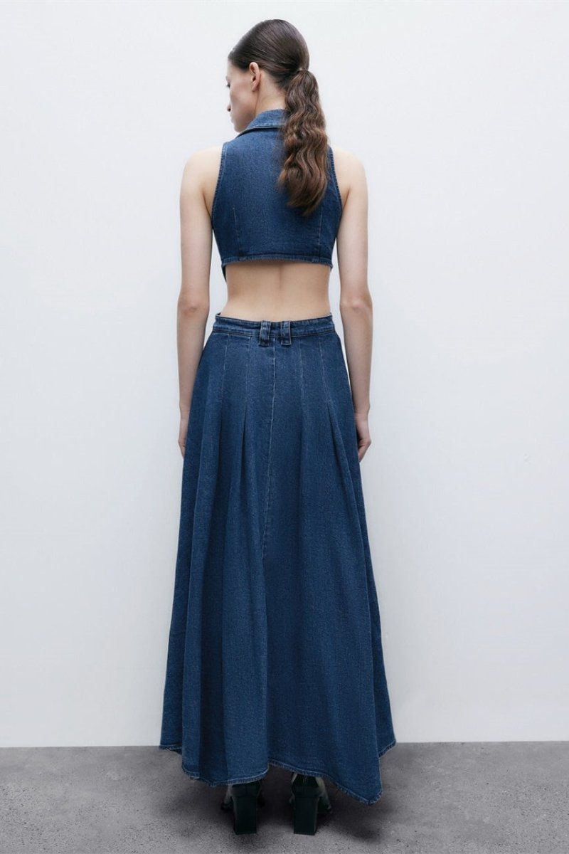 Regina Lapel Collar Cut-out Denim Maxi Dress